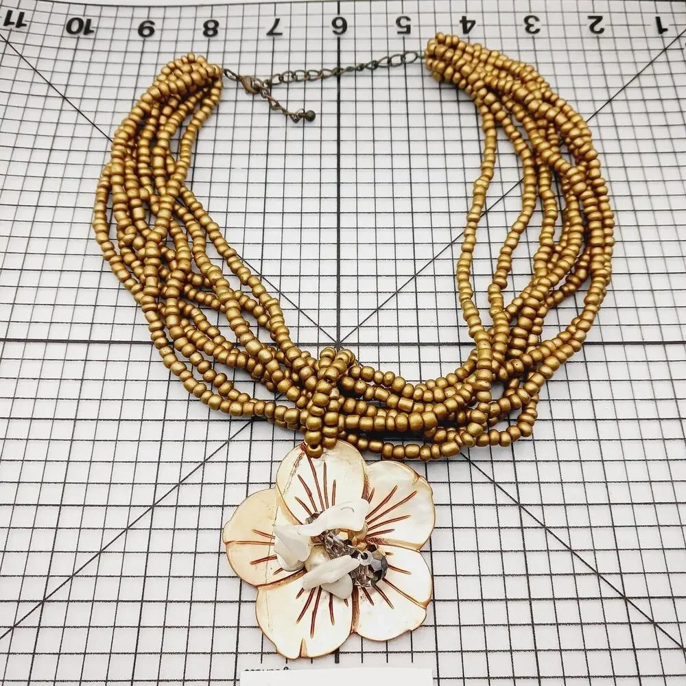 Necklace VTG Multi Strand Seed Bead Shell Flower Pendant Boho Tribal Statement